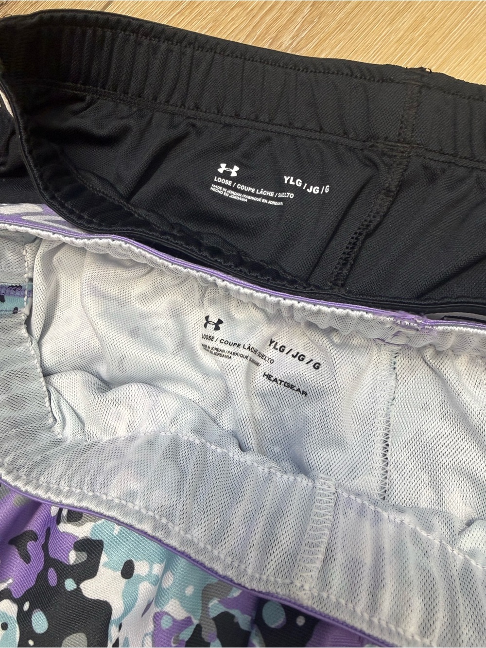 Under Armour Purple, Teal & Black Camo + Black Athletic Shorts 2 Pair Girls L - Picture 3 of 10